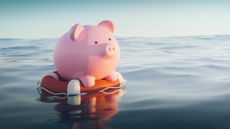 A piggy bank floats on a life preserver.