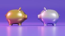 Gold and silver piggy banks facing each other against a purple background.