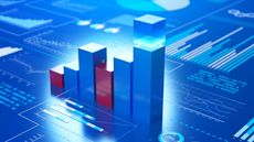 Six red and blue columns lined up against a blue digitized background.