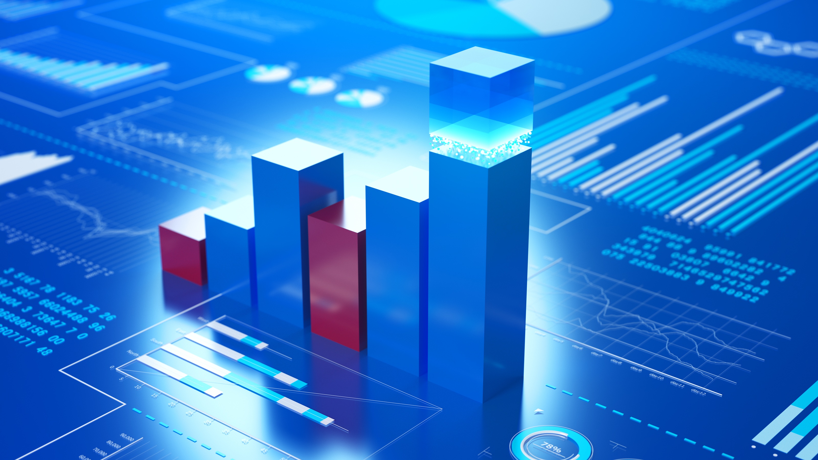 Six red and blue columns lined up against a blue digitized background.