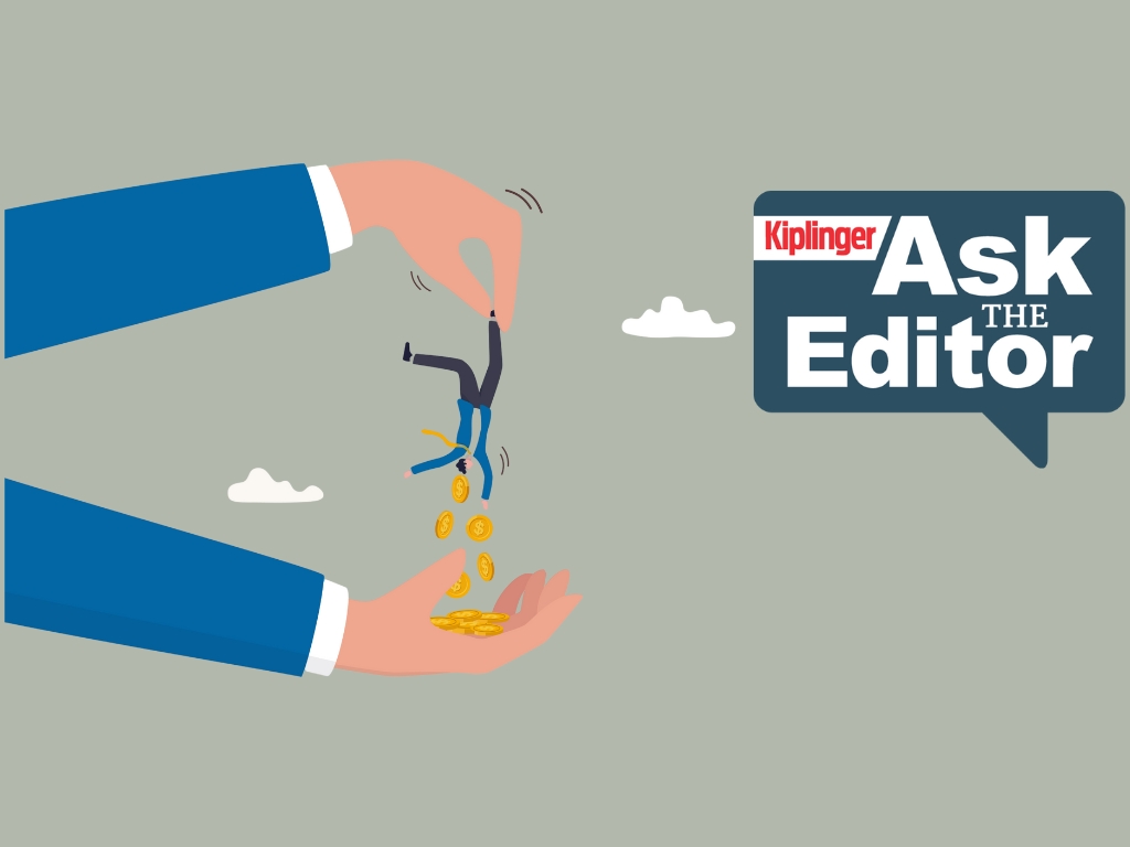 Ask the Editor logo plus hands tipping a man upside down with coins falling out of his pockets