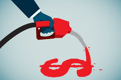 A hand holding a gasoline hose that is pouring out fuel in the shape of a dollar sign, indicating gas prices.