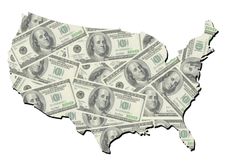 Map of united states with random one hundred dollars bills - stock phot