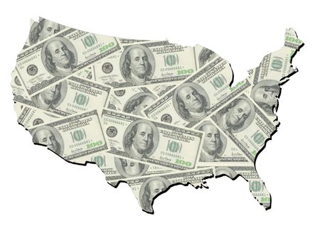 Map of united states with random one hundred dollars bills - stock phot